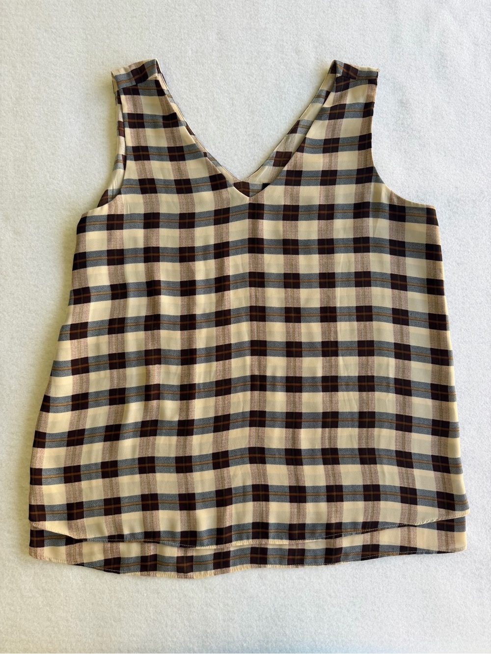 Ann Taylor Plaid V-Neck Tank Top in Beige and Brown